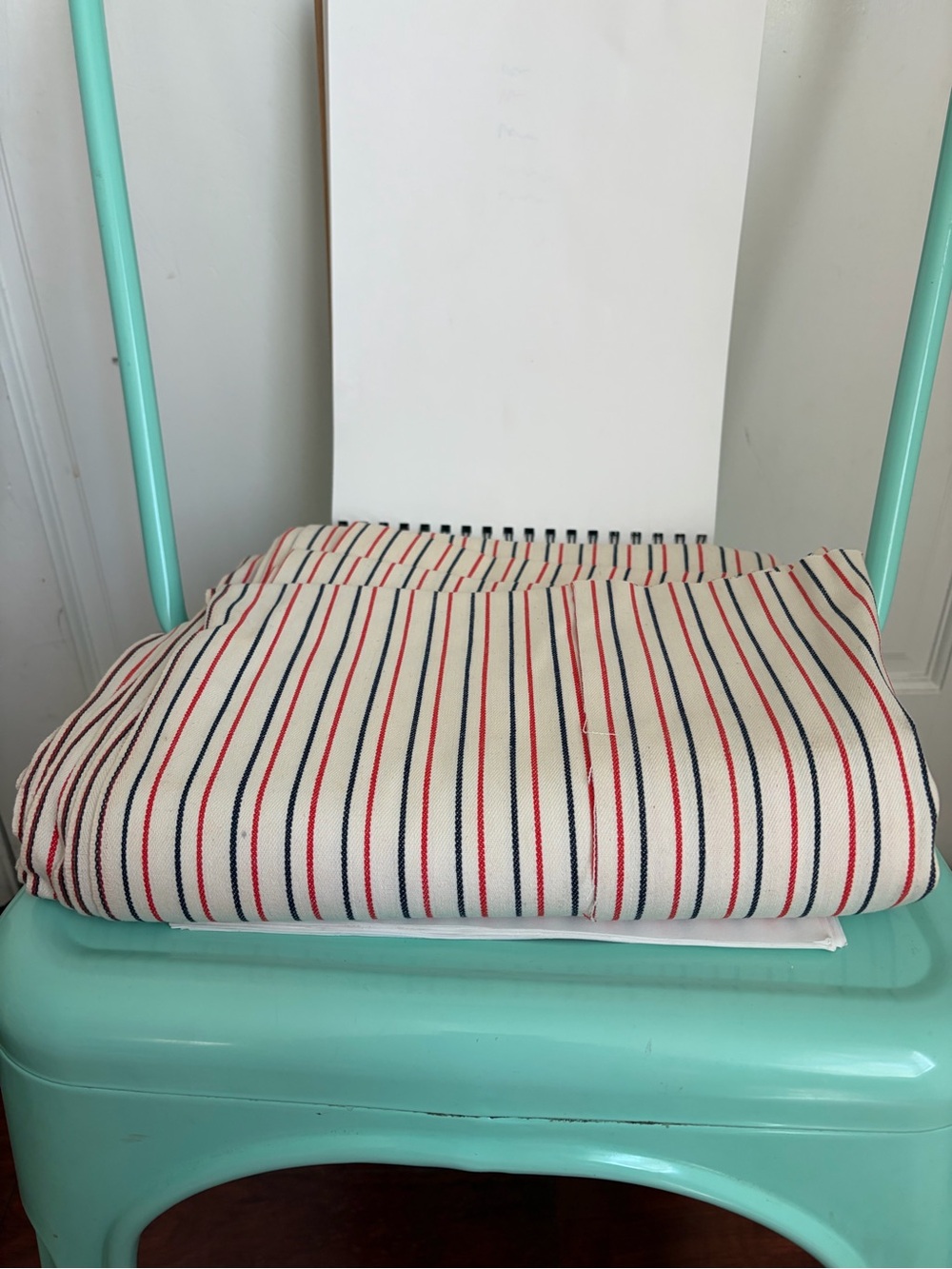 Vintage Remnant Red Black Cream Ticking Stripes Heavy Decorator Fabric